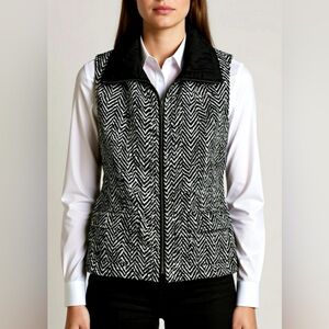 Chico's Quilted Vest 1 Women's Medium Black White Full-Zip Pockets